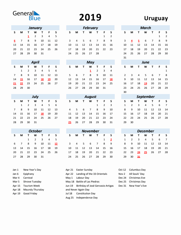 2019 Calendar for Uruguay with Holidays