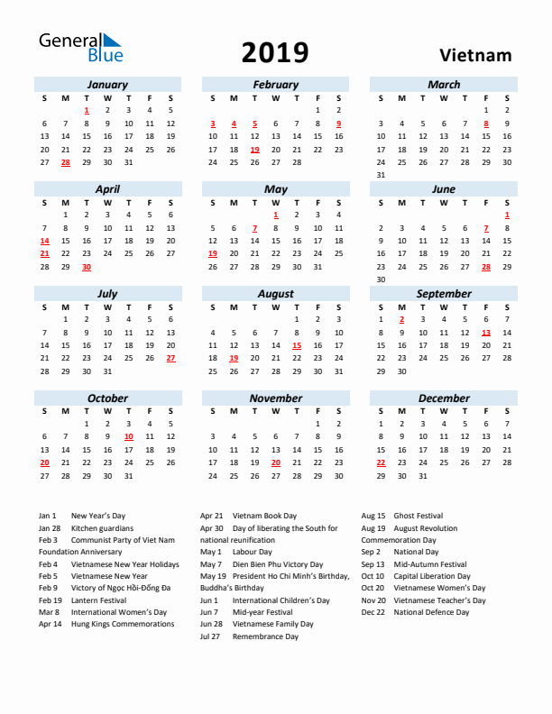 2019 Calendar for Vietnam with Holidays