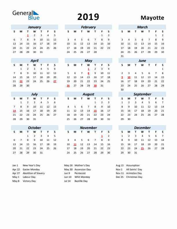 2019 Calendar for Mayotte with Holidays