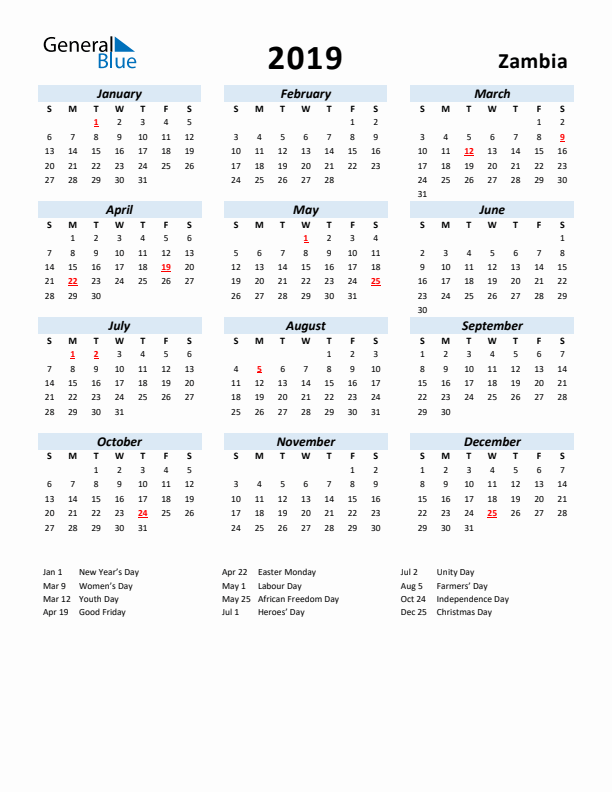 2019 Calendar for Zambia with Holidays