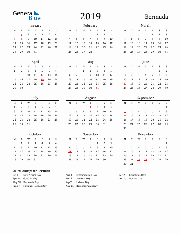 Bermuda Holidays Calendar for 2019