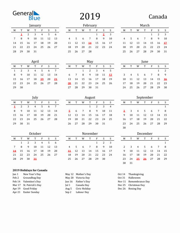 Canada Holidays Calendar for 2019