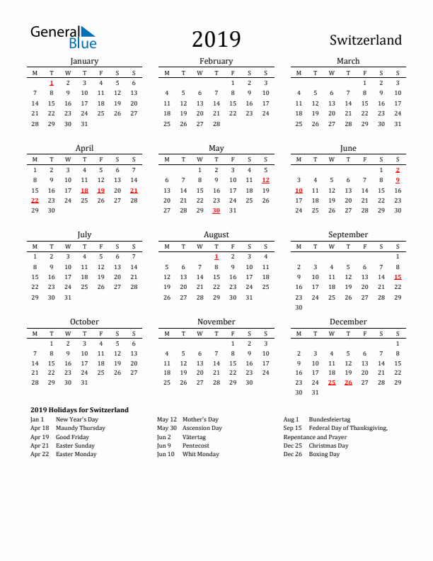 Switzerland Holidays Calendar for 2019