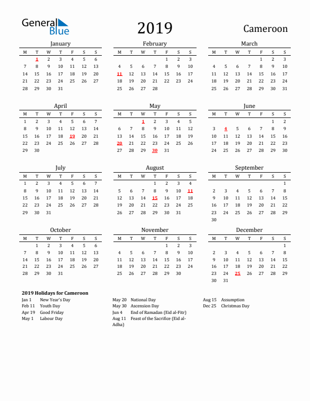 Cameroon Holidays Calendar for 2019