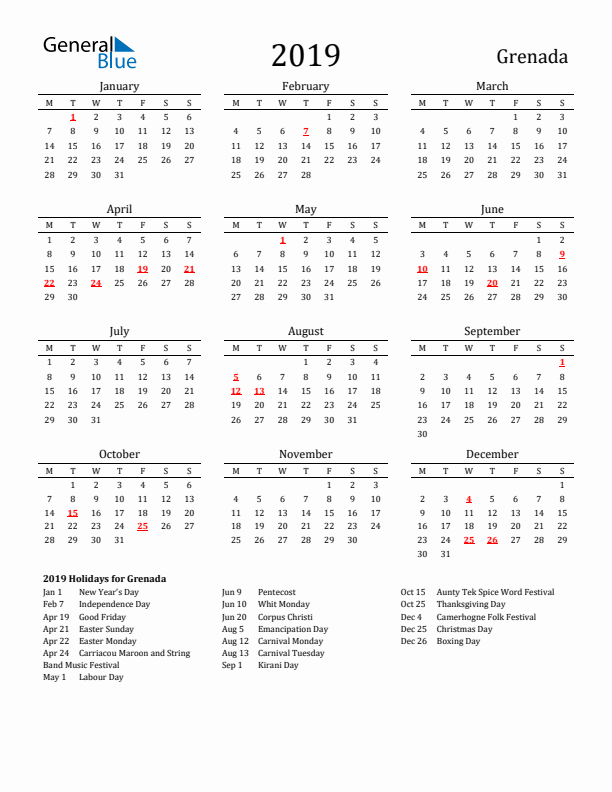 Grenada Holidays Calendar for 2019