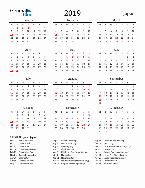 Japan Holidays Calendar for 2019