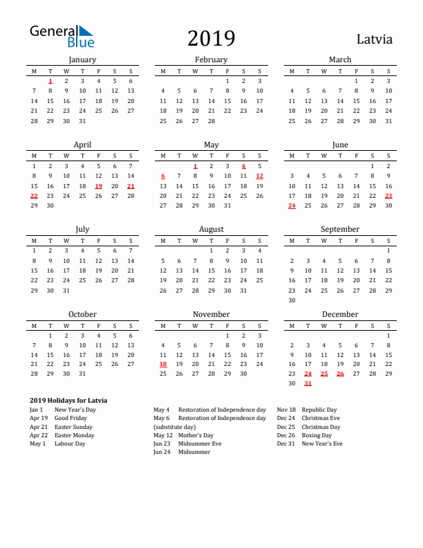 Latvia Holidays Calendar for 2019