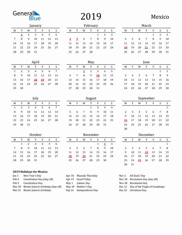 Mexico Holidays Calendar for 2019