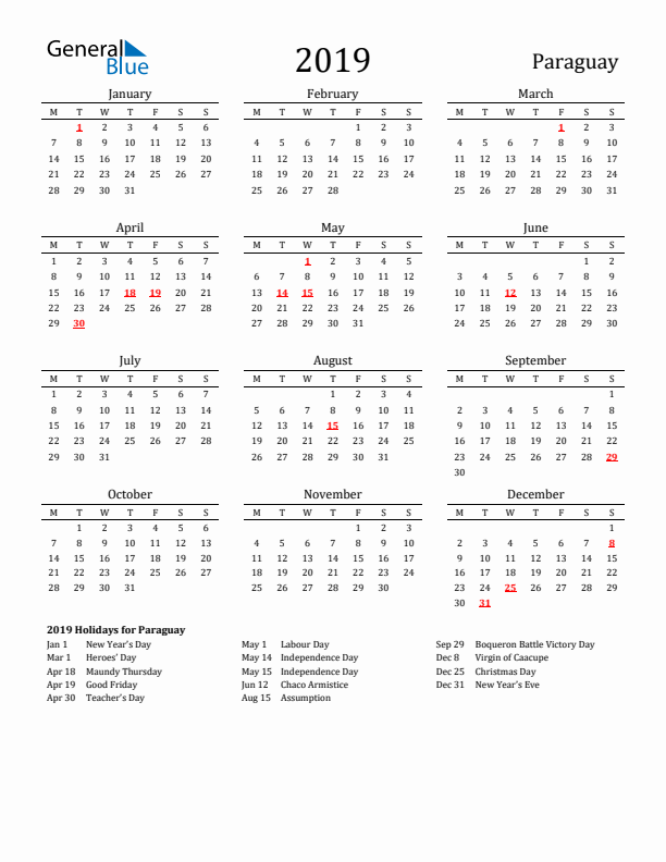 Paraguay Holidays Calendar for 2019