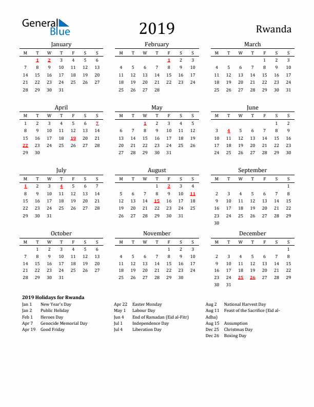 Rwanda Holidays Calendar for 2019