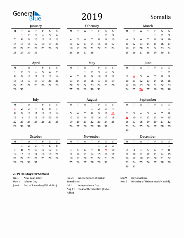 Somalia Holidays Calendar for 2019