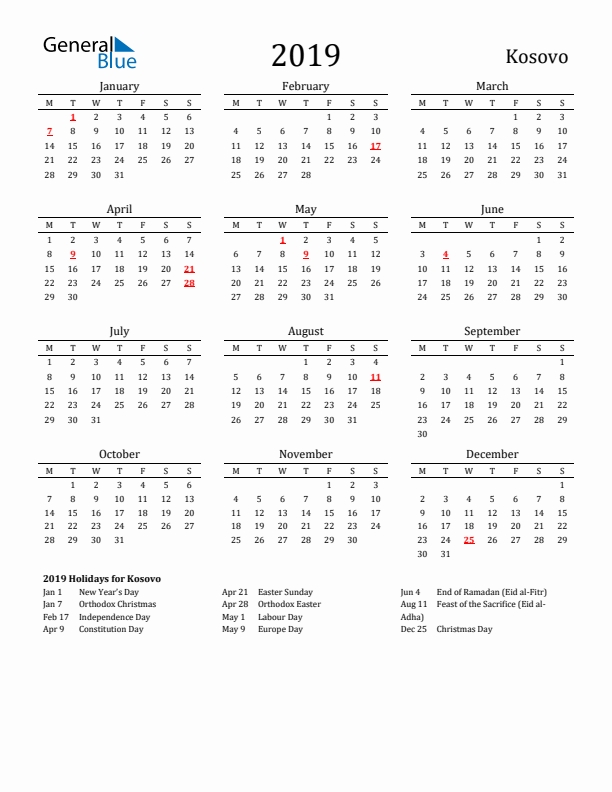 Kosovo Holidays Calendar for 2019