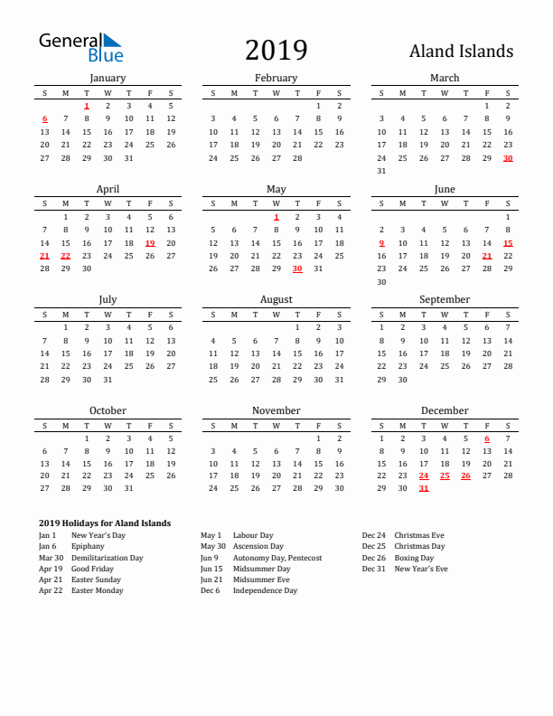 Aland Islands Holidays Calendar for 2019