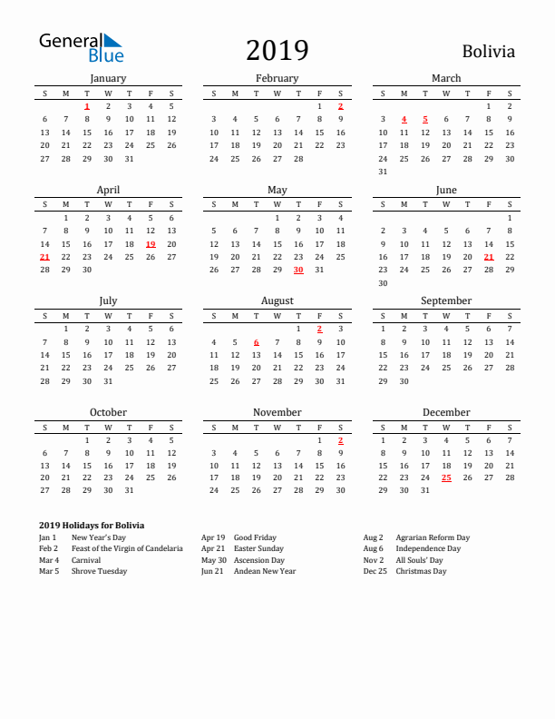 Bolivia Holidays Calendar for 2019