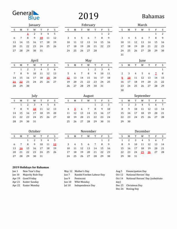 Bahamas Holidays Calendar for 2019