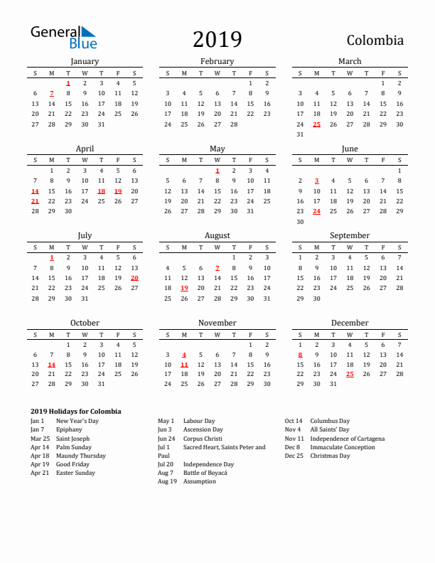 Colombia Holidays Calendar for 2019