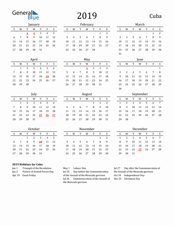 Cuba Holidays Calendar for 2019