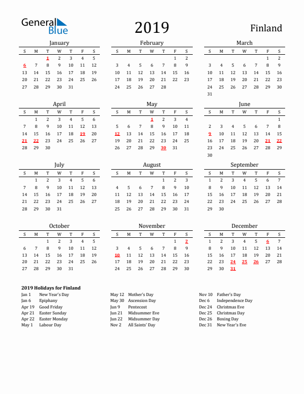 Finland Holidays Calendar for 2019