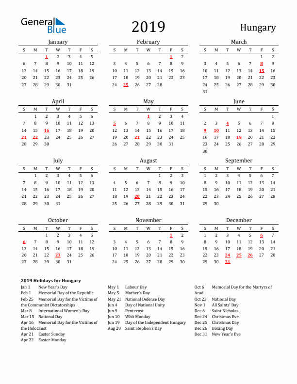 Hungary Holidays Calendar for 2019