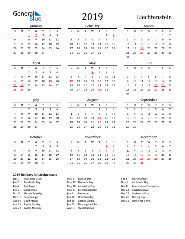 Liechtenstein Holidays Calendar for 2019