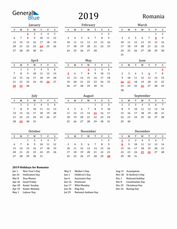 Romania Holidays Calendar for 2019