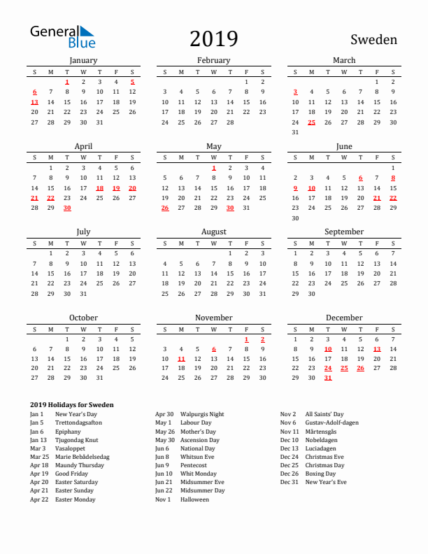 Sweden Holidays Calendar for 2019