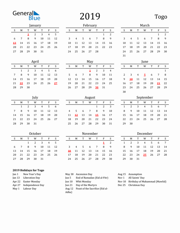 Togo Holidays Calendar for 2019