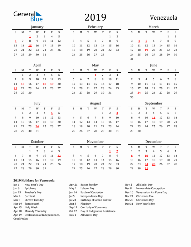 Venezuela Holidays Calendar for 2019