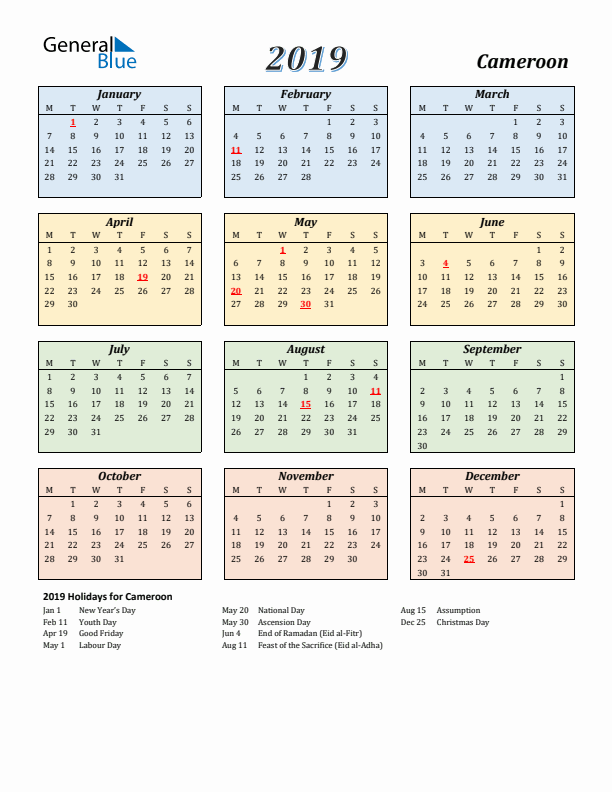 Cameroon Calendar 2019 with Monday Start