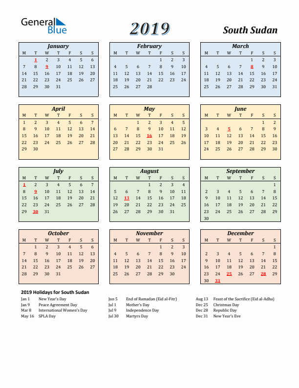 South Sudan Calendar 2019 with Monday Start