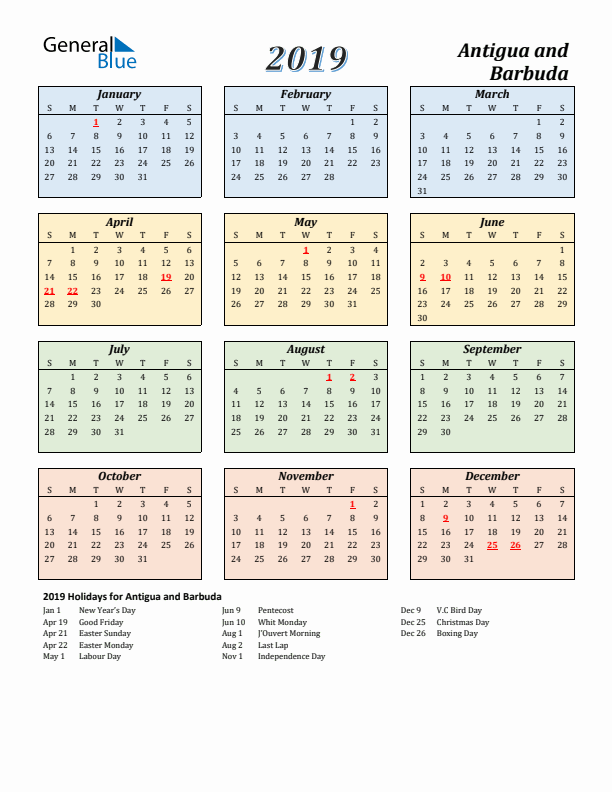 Antigua and Barbuda Calendar 2019 with Sunday Start