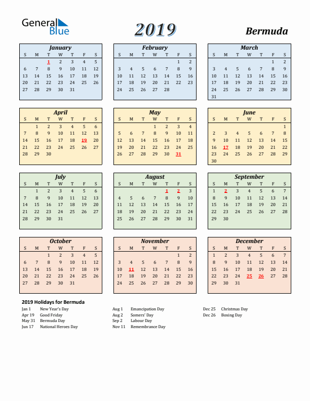 Bermuda Calendar 2019 with Sunday Start