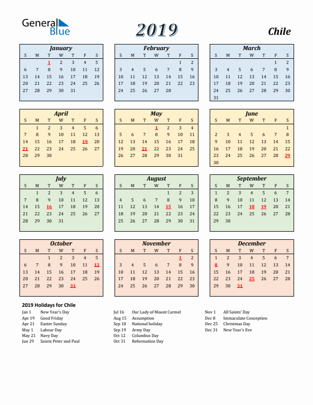 Chile Calendar 2019 with Sunday Start