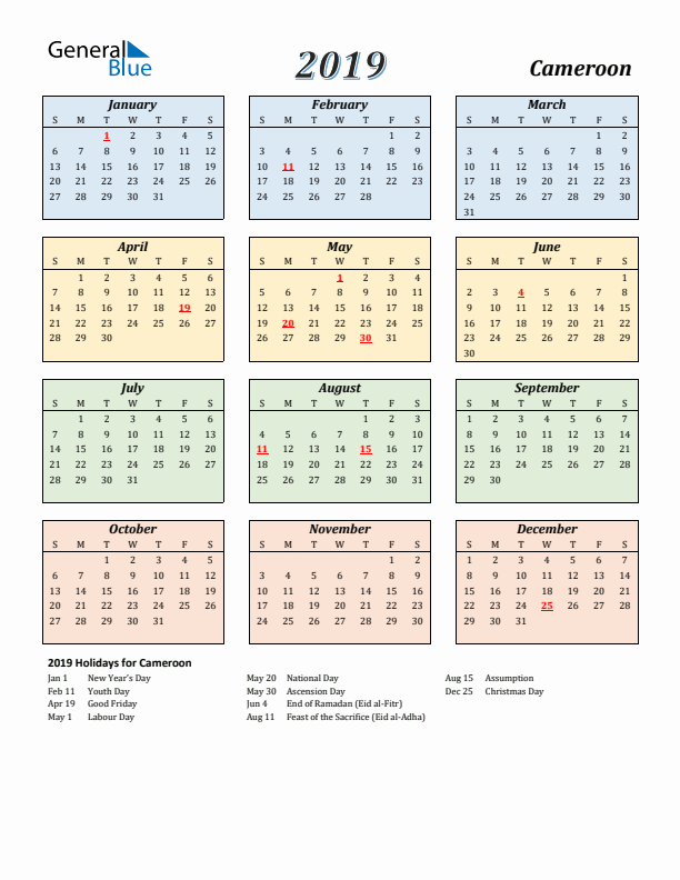 Cameroon Calendar 2019 with Sunday Start