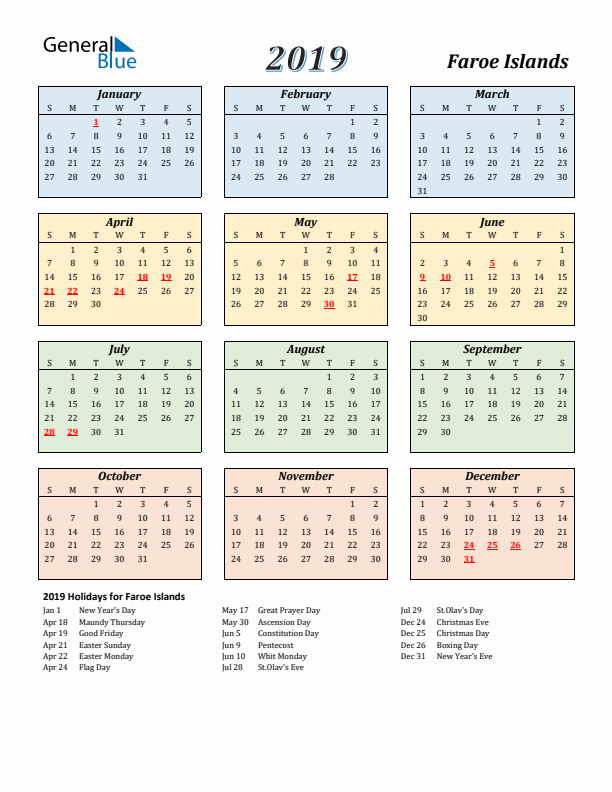 Faroe Islands Calendar 2019 with Sunday Start