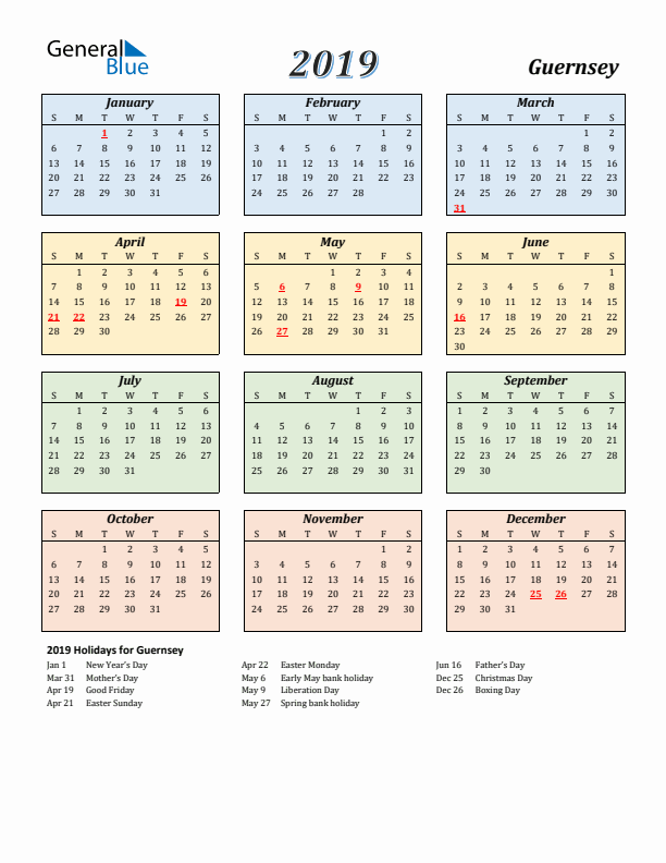 Guernsey Calendar 2019 with Sunday Start