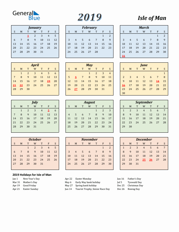 Isle of Man Calendar 2019 with Sunday Start