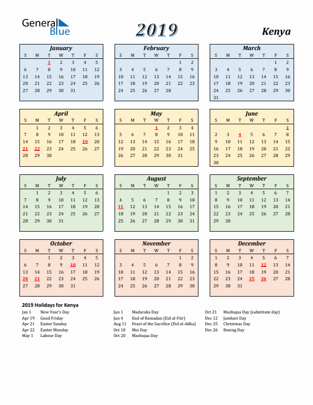 Kenya Calendar 2019 with Sunday Start