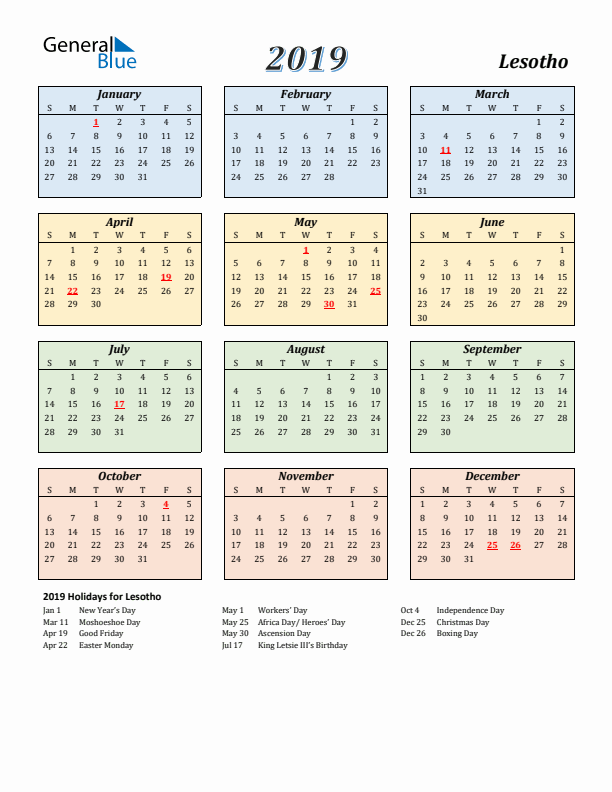 Lesotho Calendar 2019 with Sunday Start