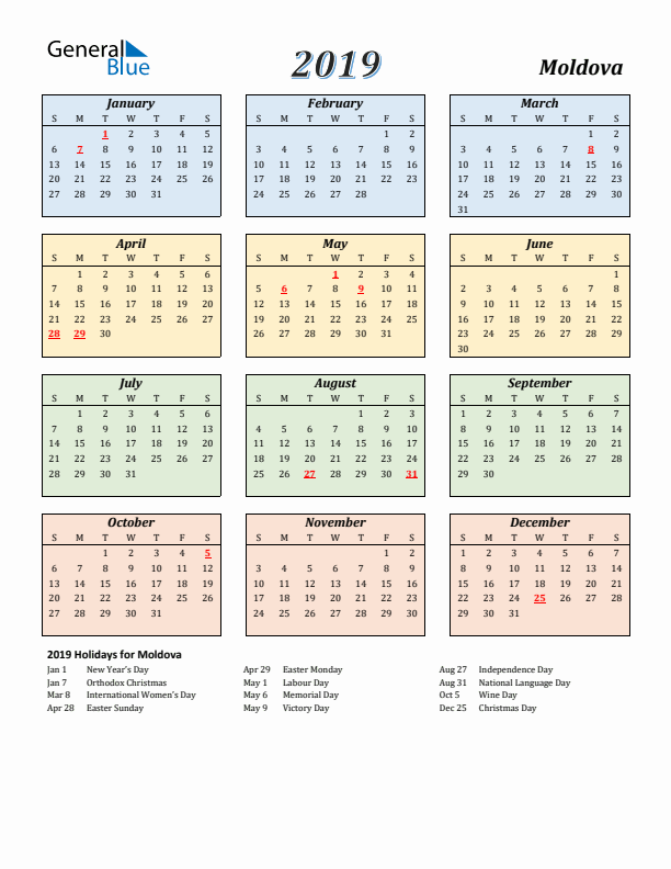 Moldova Calendar 2019 with Sunday Start