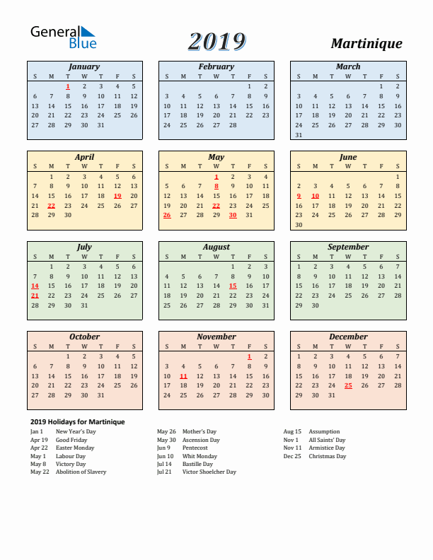 Martinique Calendar 2019 with Sunday Start