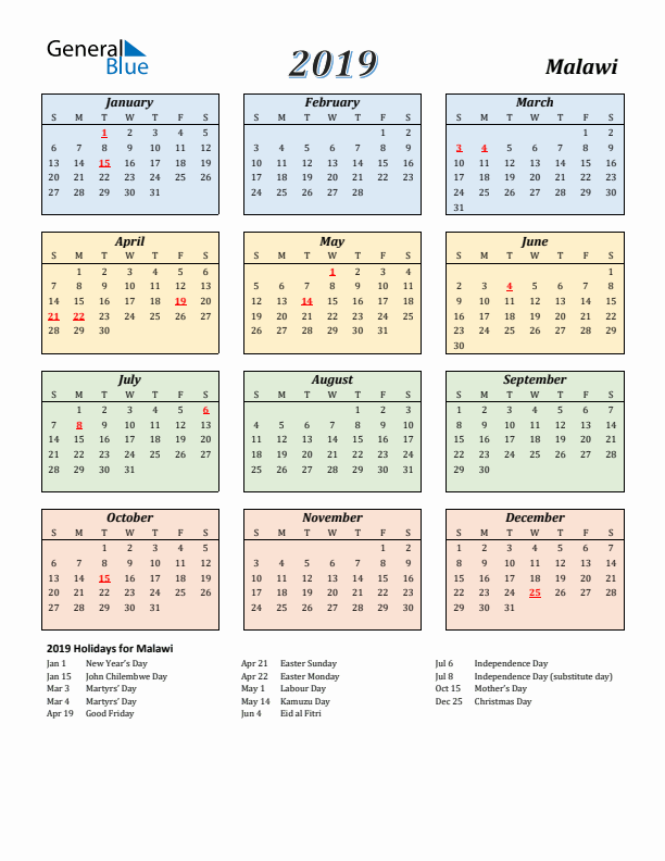 Malawi Calendar 2019 with Sunday Start