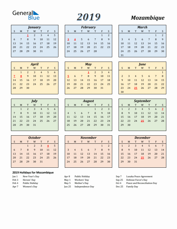 Mozambique Calendar 2019 with Sunday Start