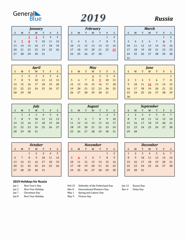 Russia Calendar 2019 with Sunday Start