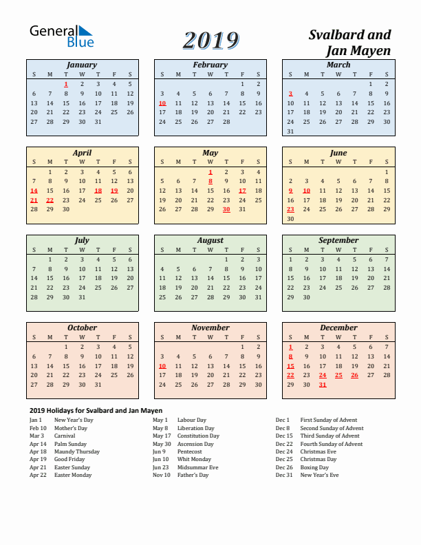 Svalbard and Jan Mayen Calendar 2019 with Sunday Start