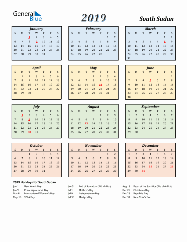 South Sudan Calendar 2019 with Sunday Start