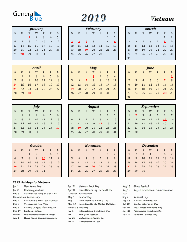 Vietnam Calendar 2019 with Sunday Start