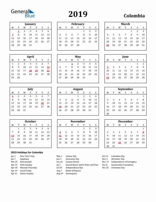 2019 Colombia Holiday Calendar - Monday Start