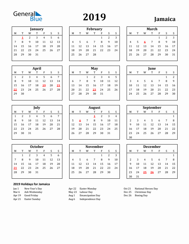 2019 Jamaica Holiday Calendar - Monday Start