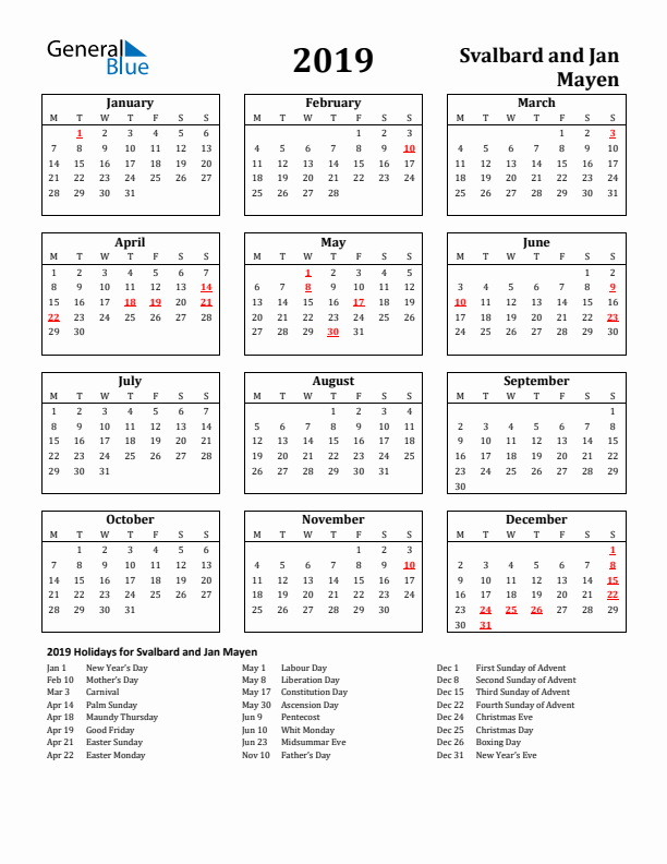 2019 Svalbard and Jan Mayen Holiday Calendar - Monday Start